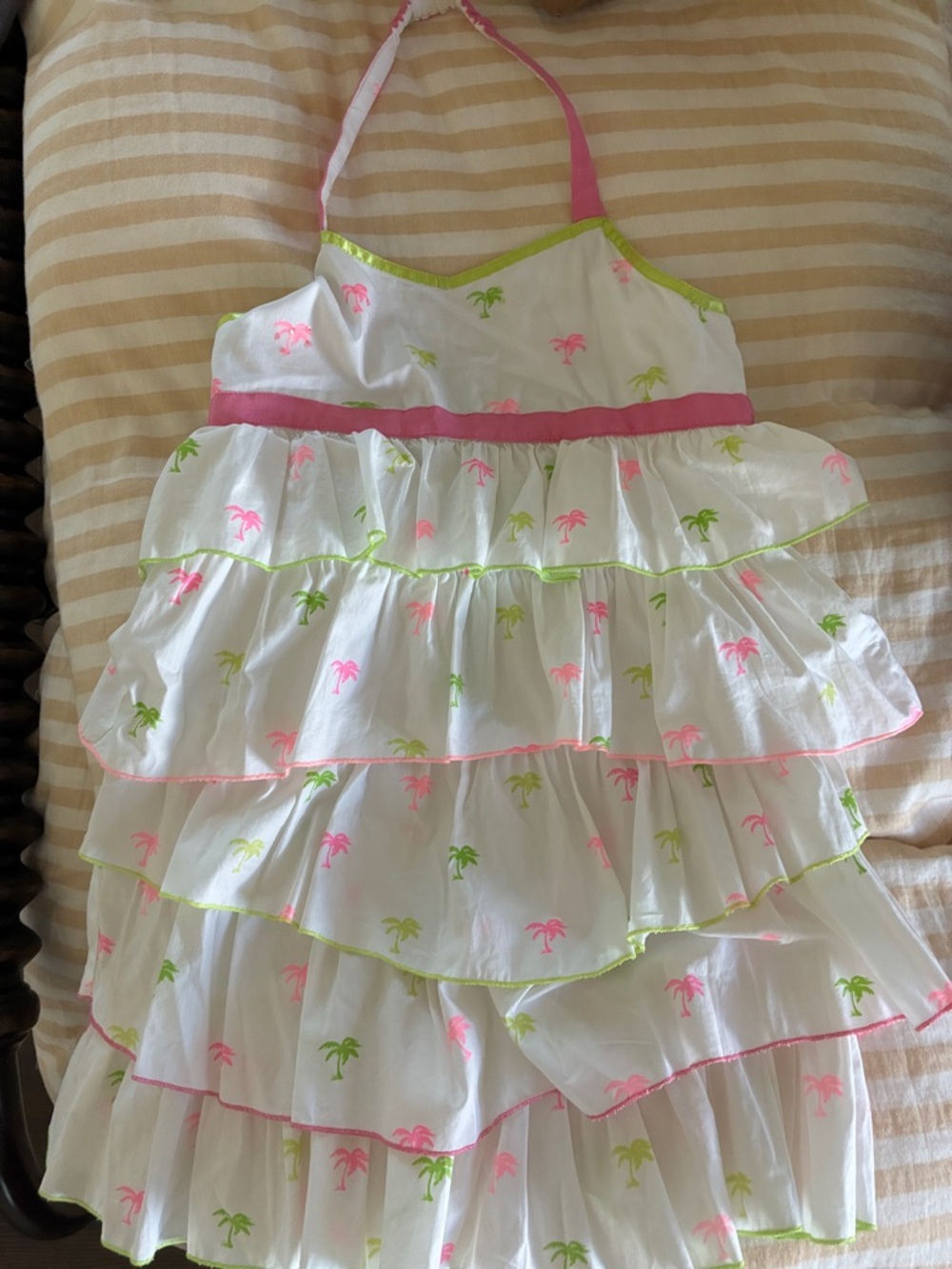 Kate Mack White Tiered Halter Dress with Pink and Lime Palm Prints